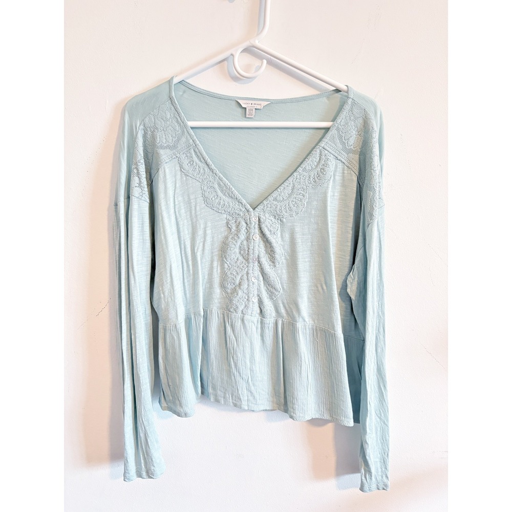 Lucky Brand Light Blue Peasant V-Neck Blouse Size Medium